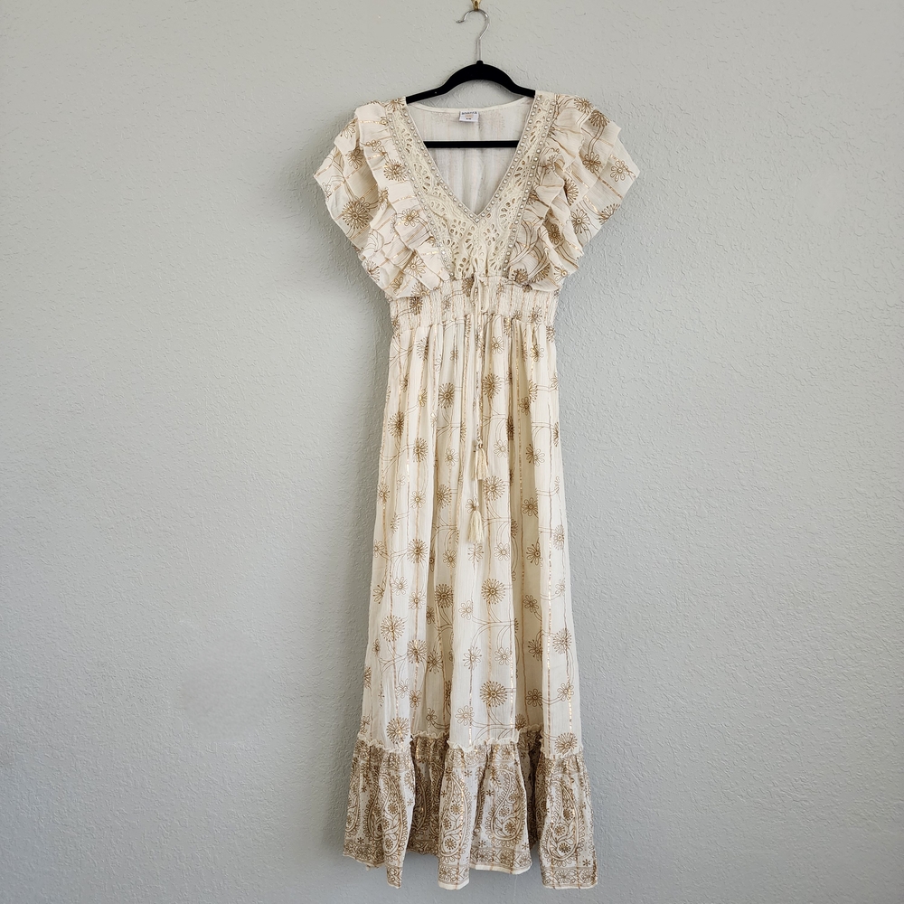Ananta Cream and Gold Women's Maxi Dress Boho Anthro Inspired Boutique NWOT - Picture 4 of 8